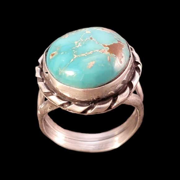 Vintage Sterling Navajo Blue Turquoise Round Cab Cable Bezel Set Ring - Picture 1 of 10